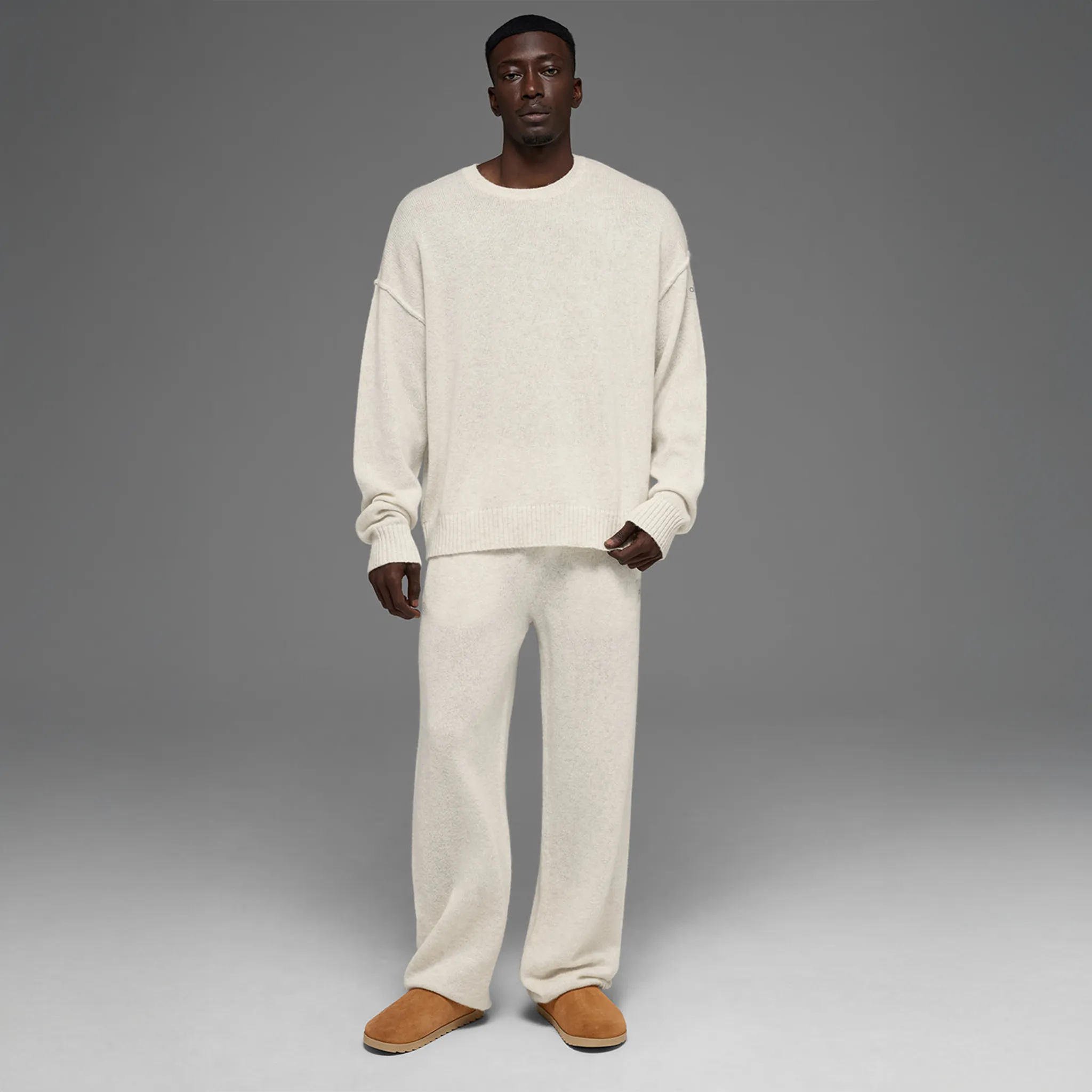 Model View of Alo Yoga Wool Cashmere New Class Bone Heather Crewneck